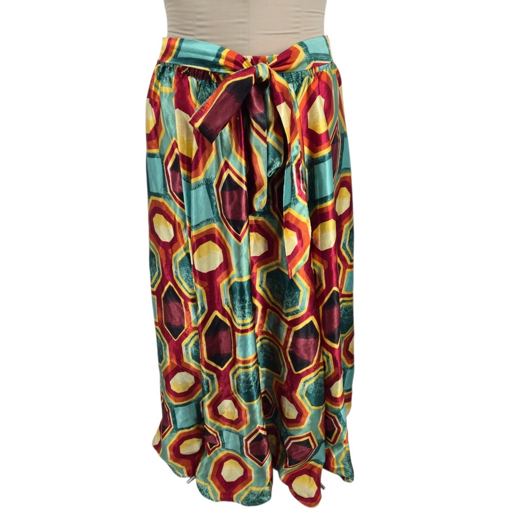 Her Destiny Women Maxi Skirt Women 1X Geometric Print Satin Tie Waist Boho